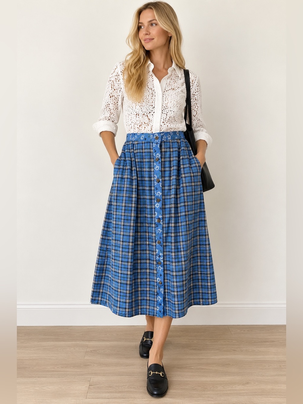 Vintage Lanz of Salzburg Blue Plaid Tartan Midi Skirt Size L 100% Cotton